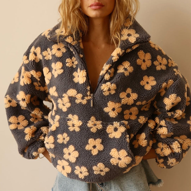 Floral Zip Neck Fleece Pullover for Cozy Everyday Comfort