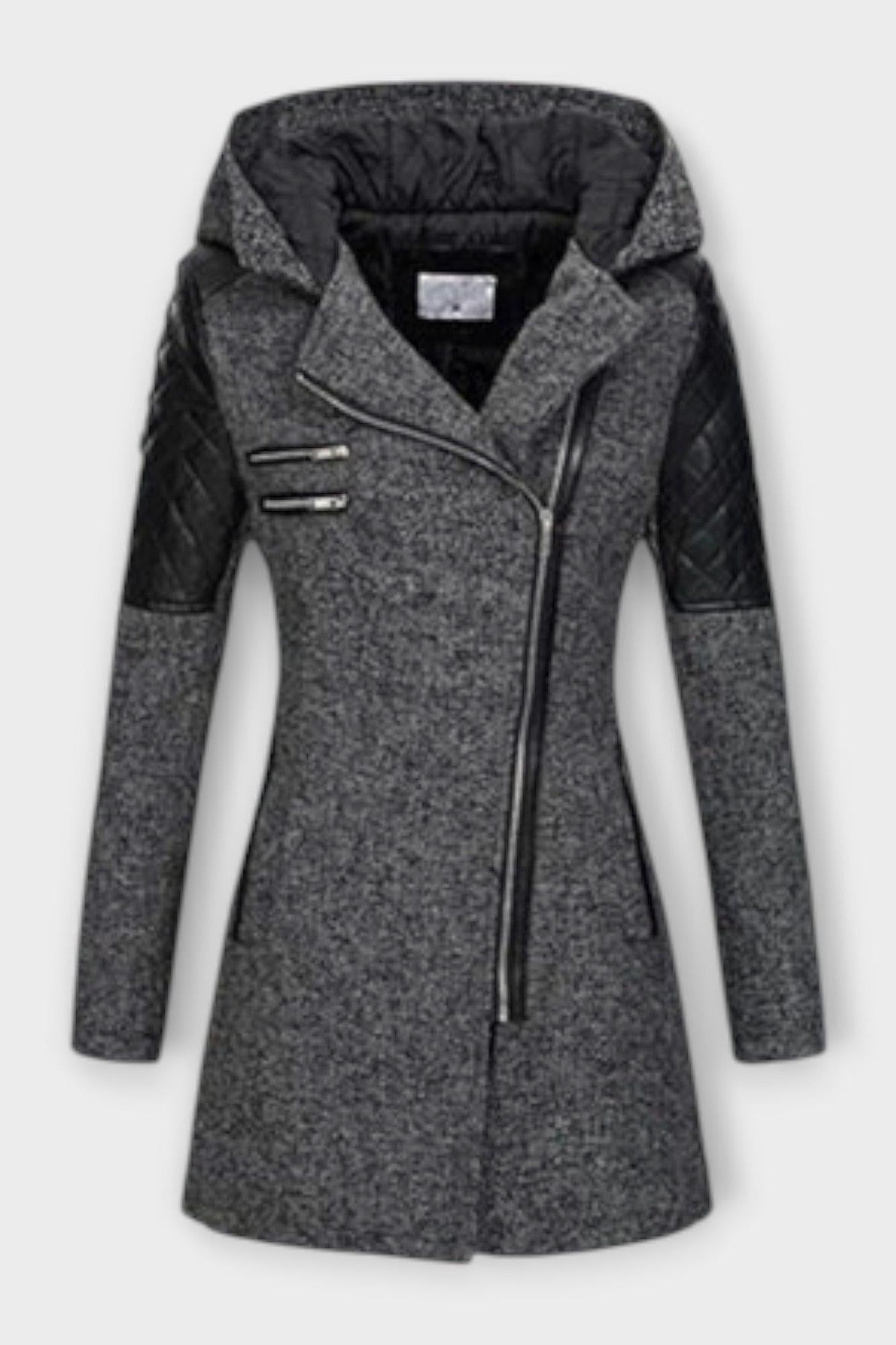 Asymmetrical Zip Hooded Coat with Quilted Sleeve Panels