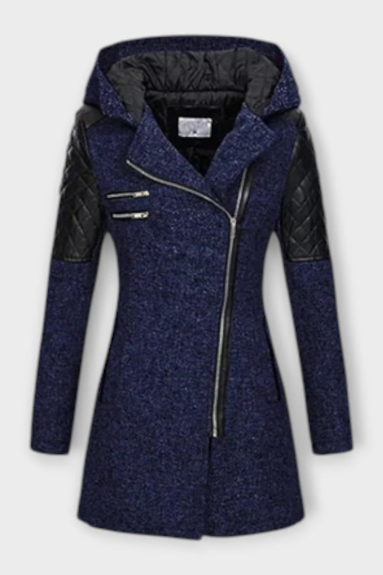 Asymmetrical Zip Hooded Coat with Quilted Sleeve Panels