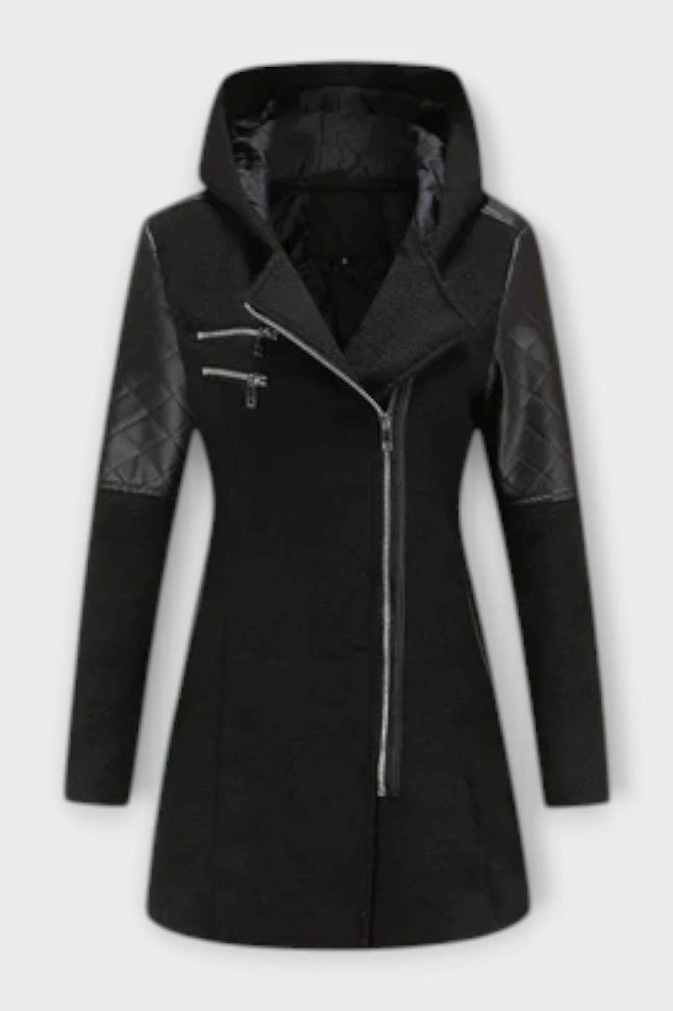 Asymmetrical Zip Hooded Coat with Quilted Sleeve Panels