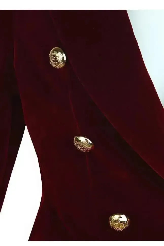Velvet Double Breasted Blazer with Gold Button Cuff Detail