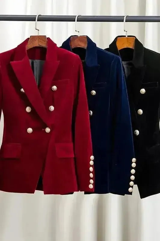 Velvet Double Breasted Blazer with Gold Button Cuff Detail