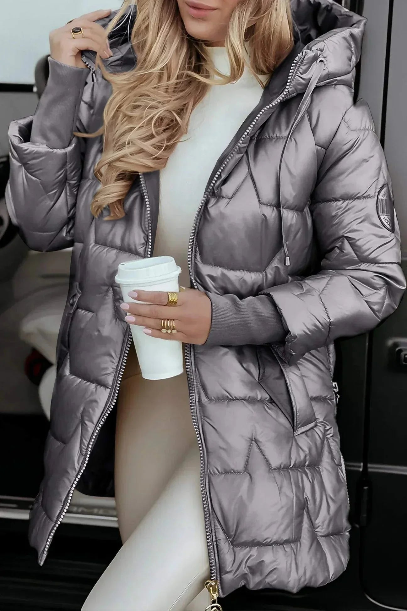 Insulated Hooded Puffer Jacket with Zip Front and Quilted Design