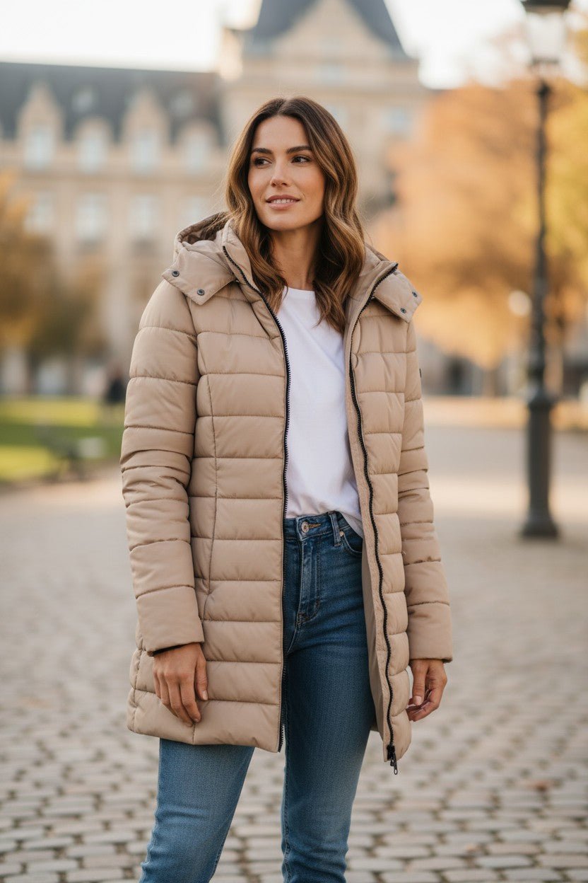 Longline Insulated Puffer Coat with Hood and Zip Front