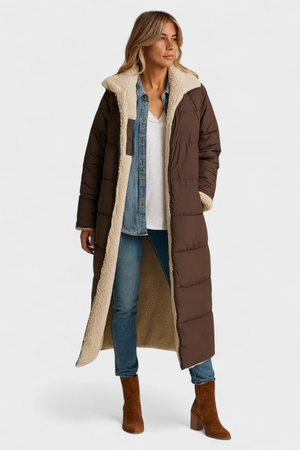 Longline Hooded Puffer Coat with Plush Lined Interior