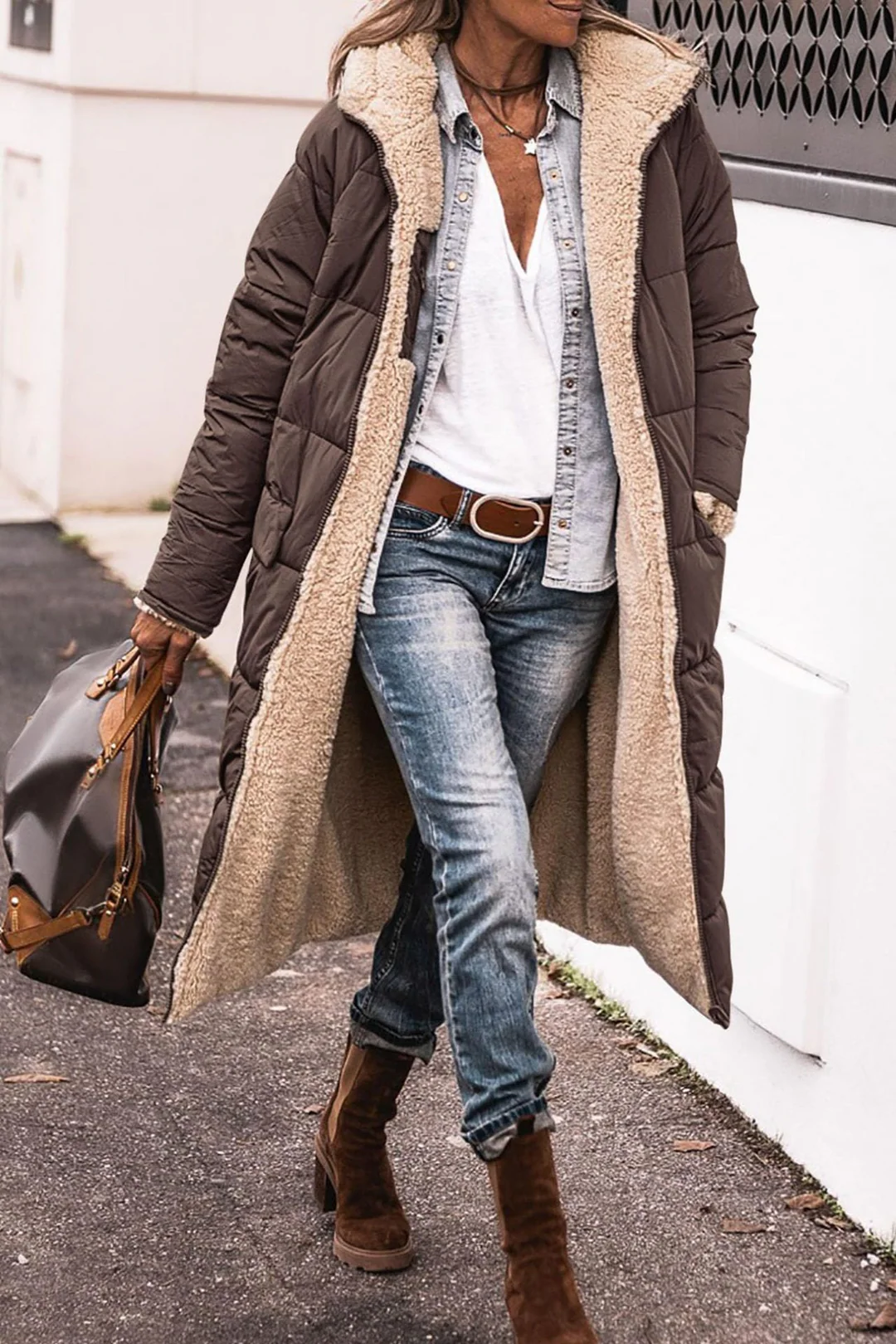 Longline Hooded Puffer Coat with Plush Lined Interior