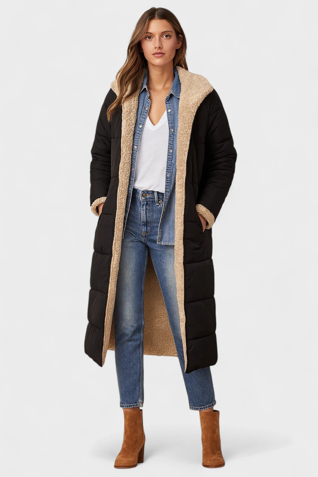 Longline Hooded Puffer Coat with Plush Lined Interior