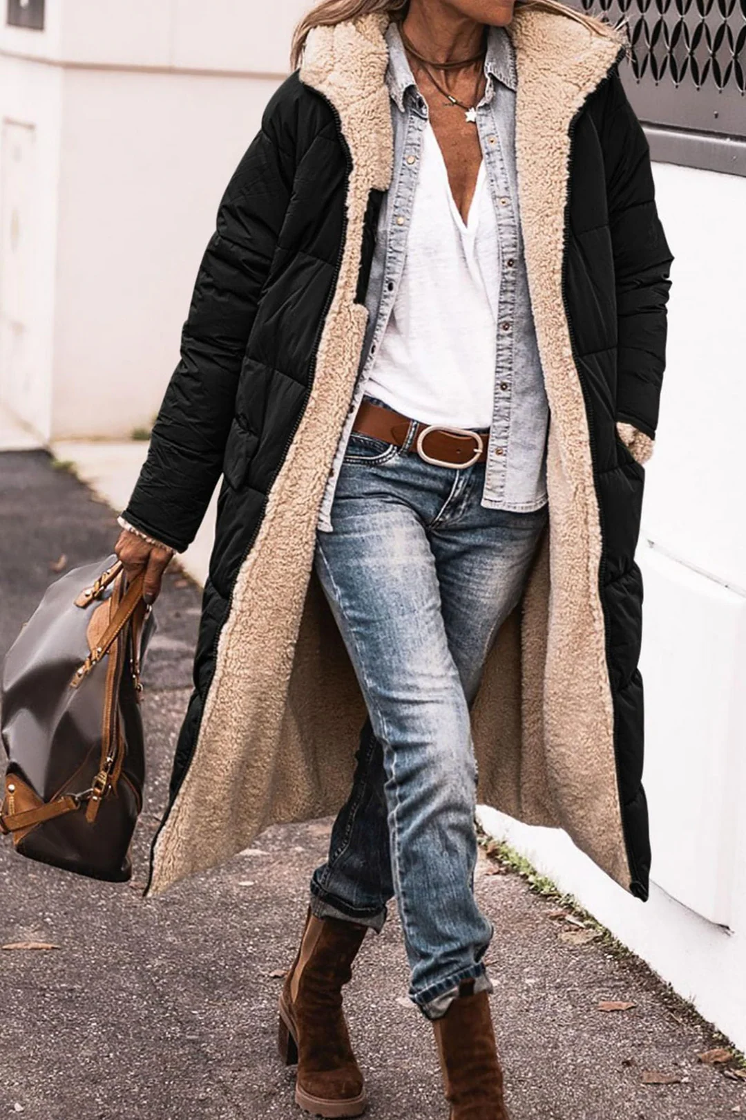 Longline Hooded Puffer Coat with Plush Lined Interior
