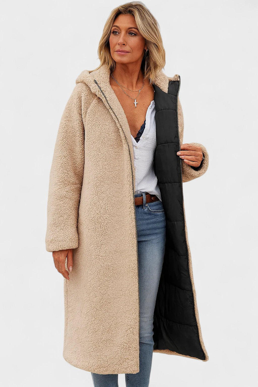 Longline Hooded Puffer Coat with Plush Lined Interior