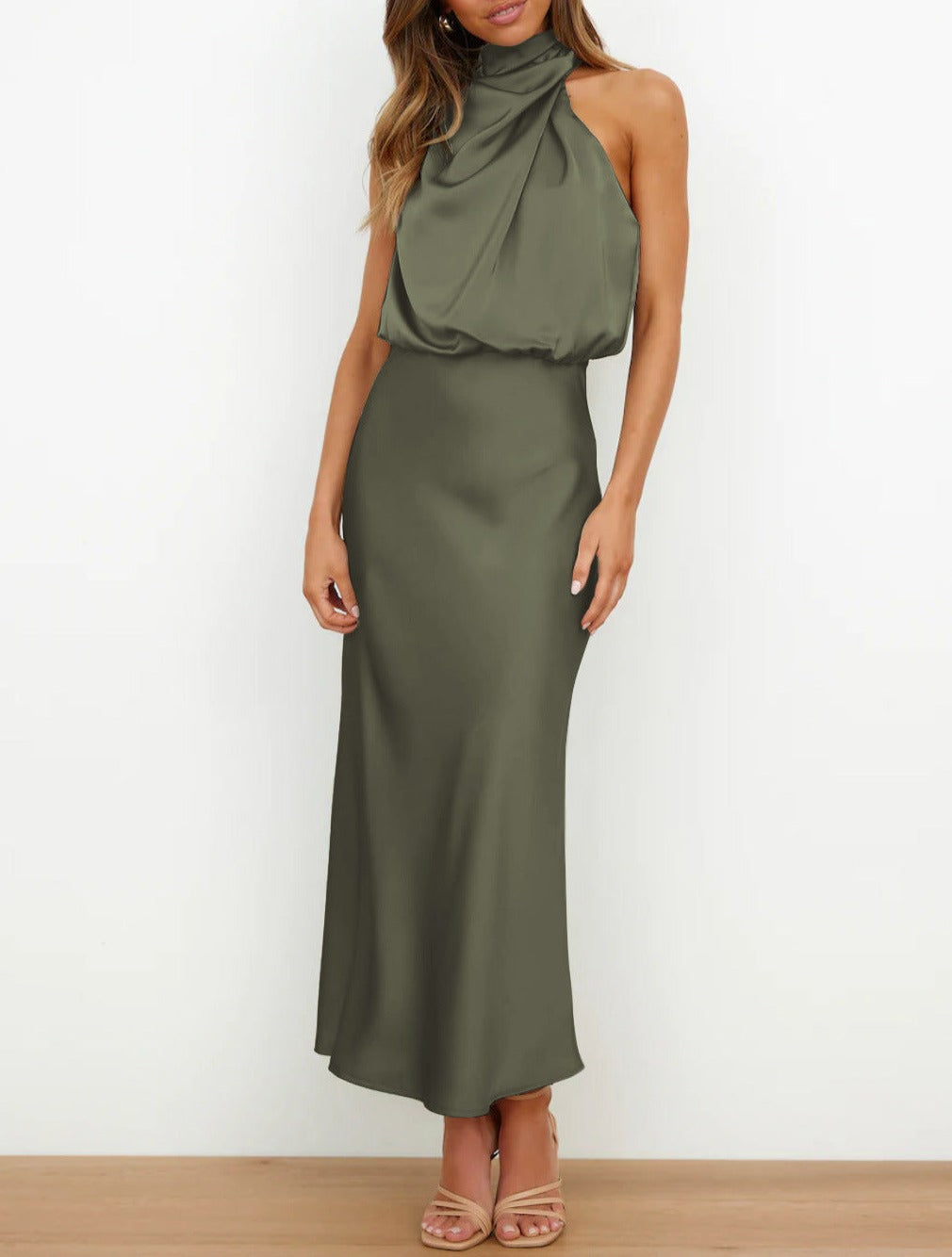 Elegant Satin Cowl Neck Midi Dress