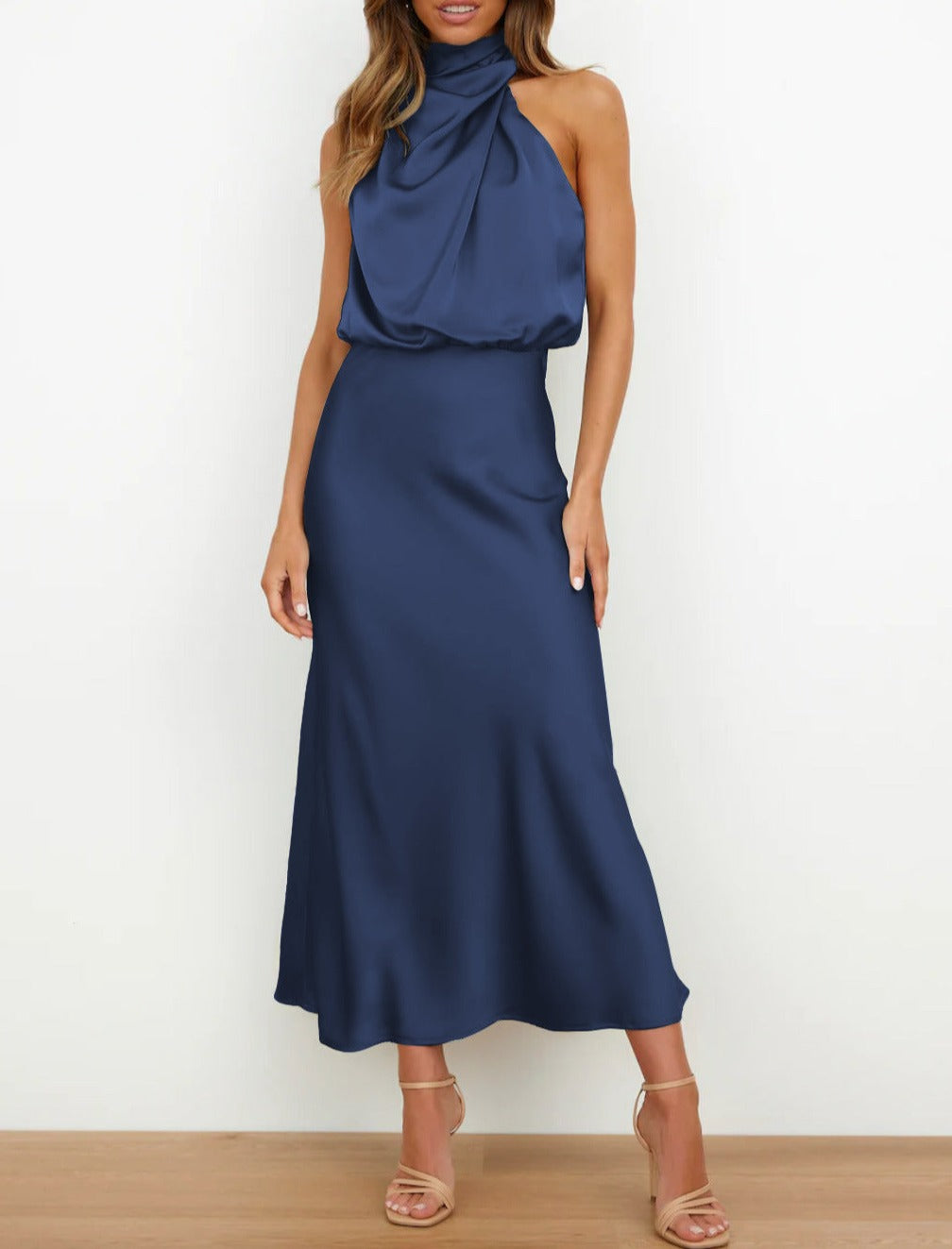 Elegant Satin Cowl Neck Midi Dress