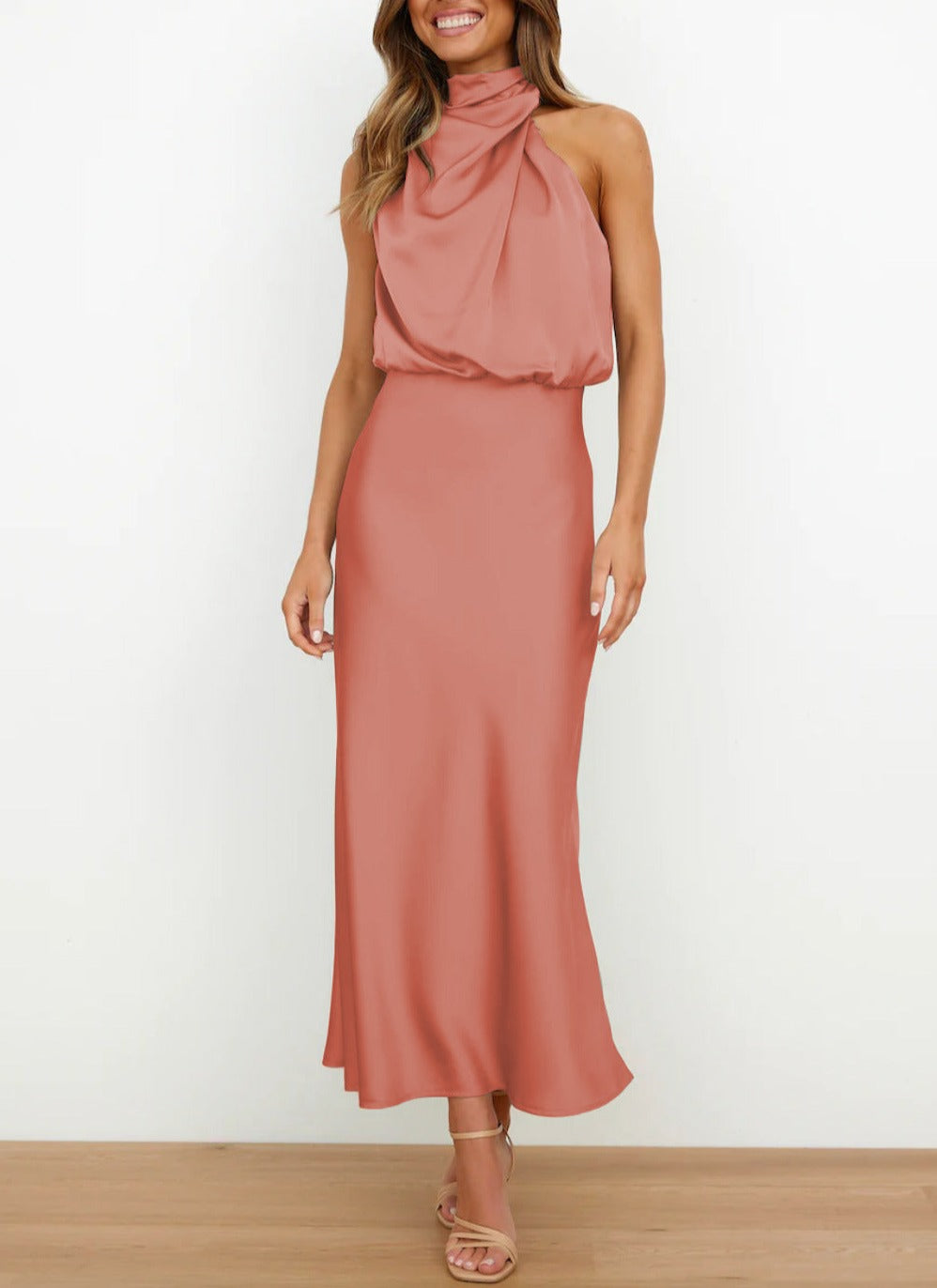 Elegant Satin Cowl Neck Midi Dress