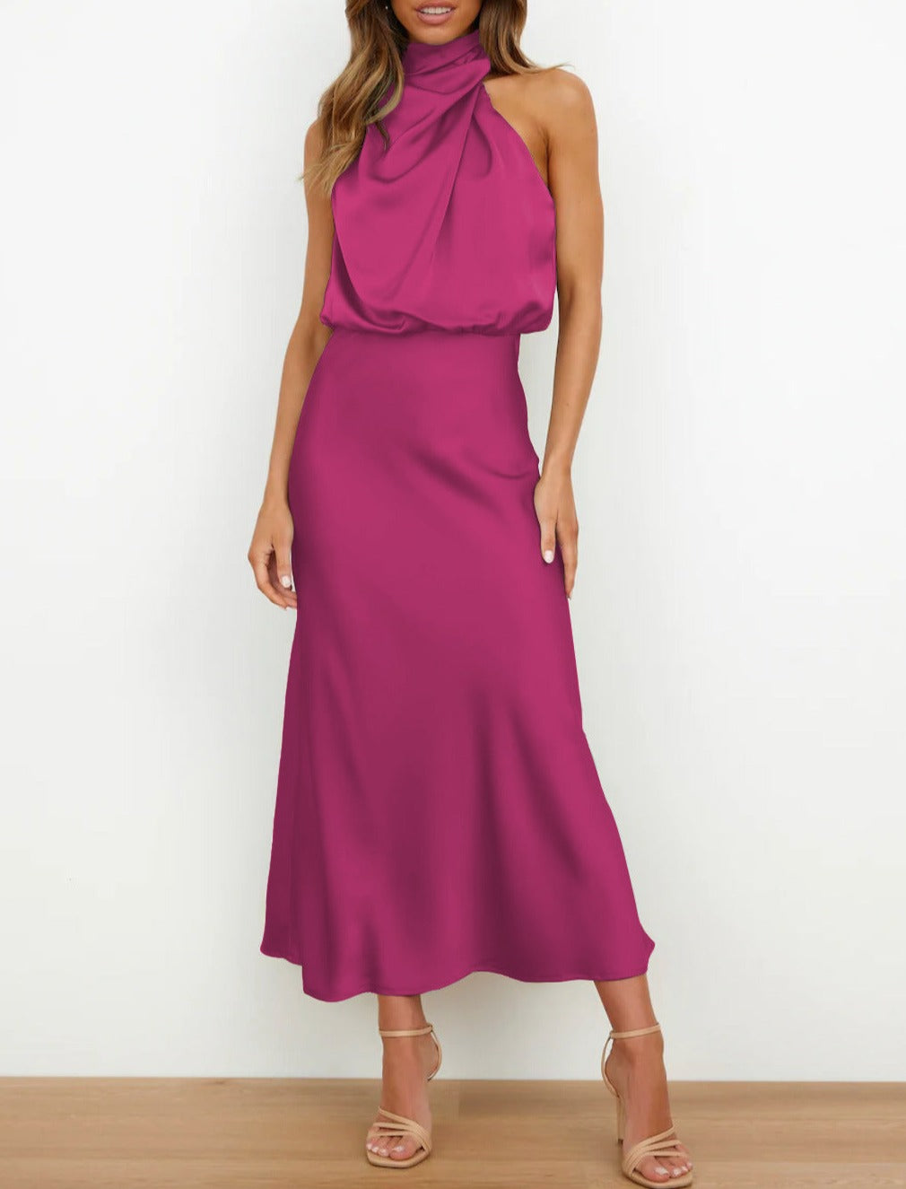 Elegant Satin Cowl Neck Midi Dress