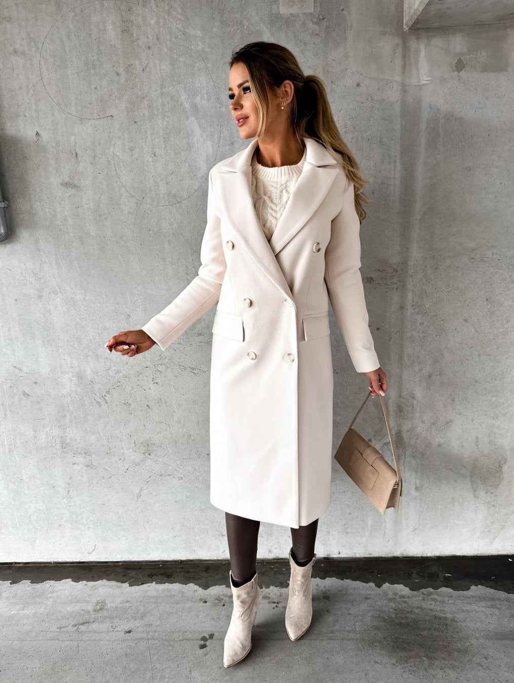 Women’s Double-Breasted Tailored Long Wool-Style Coat