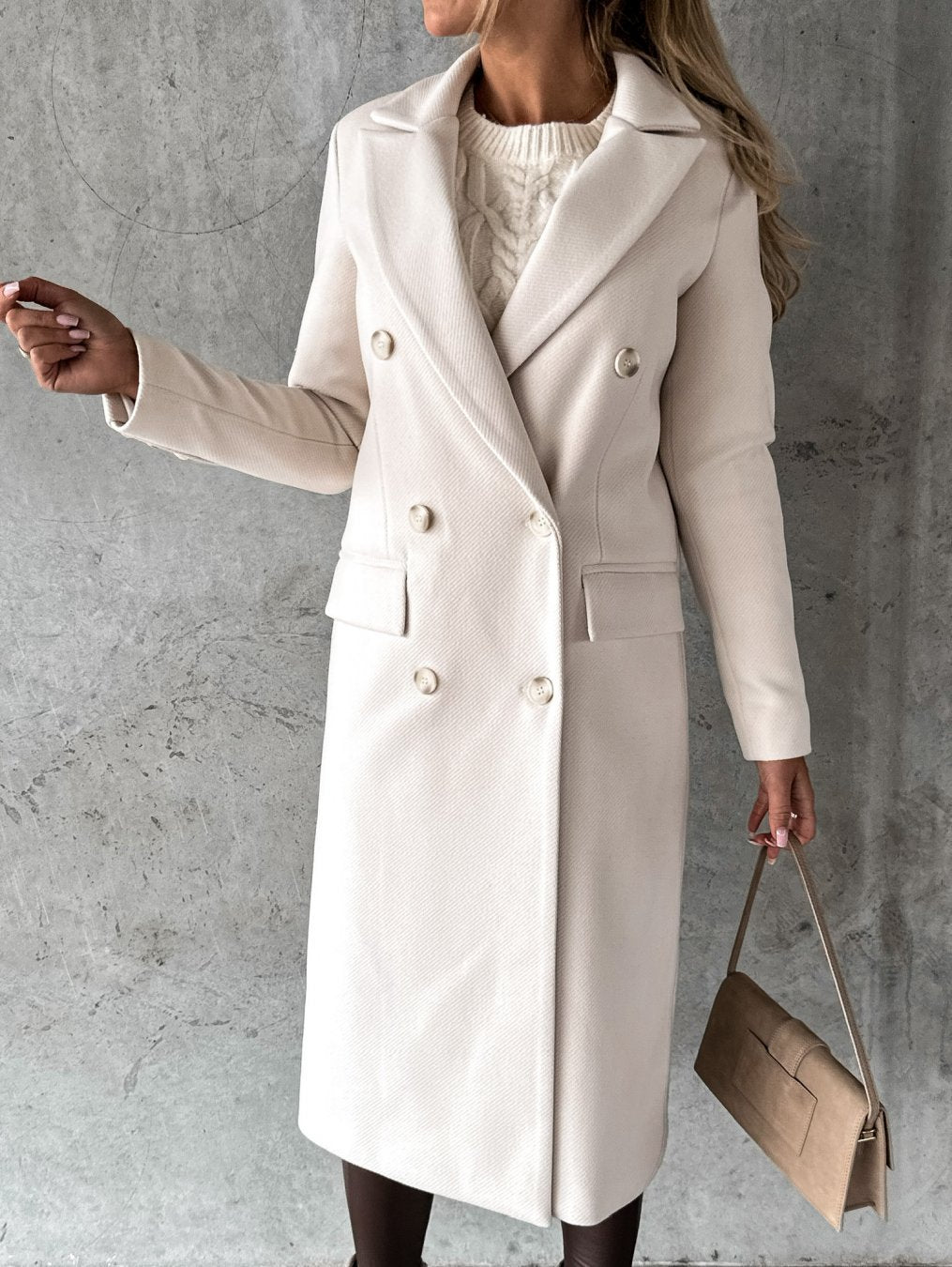 Women’s Double-Breasted Tailored Long Wool-Style Coat