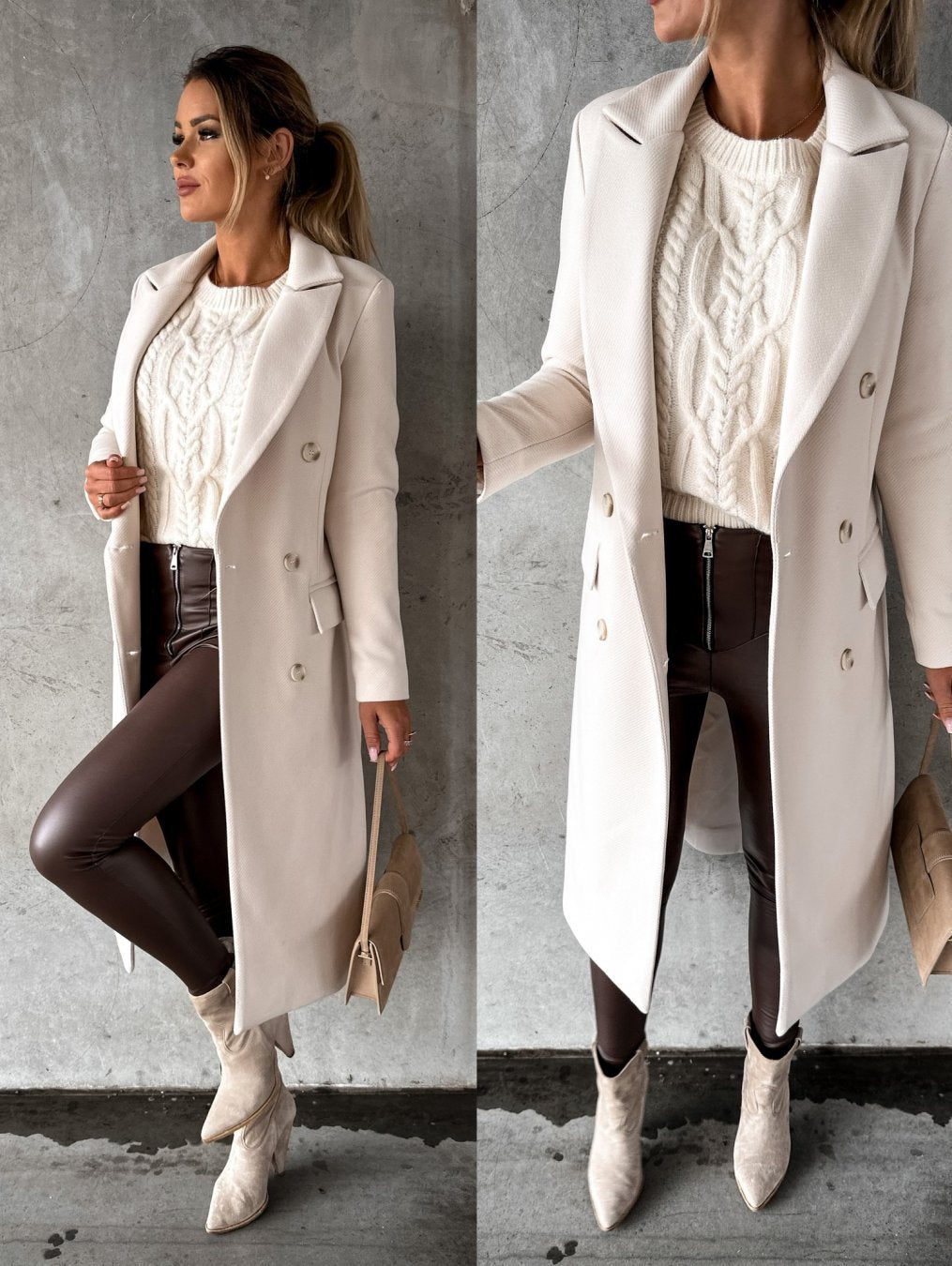 Women’s Double-Breasted Tailored Long Wool-Style Coat