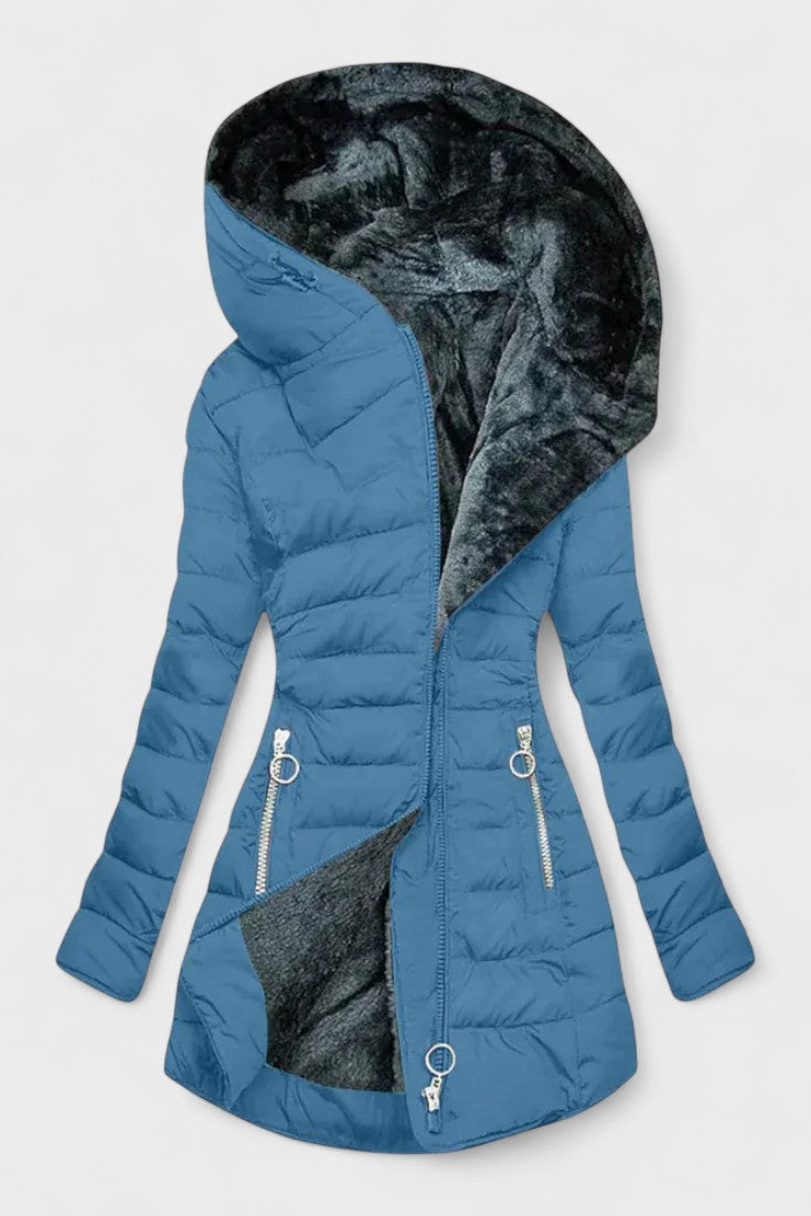Longline Insulated Puffer Coat with Plush Hood and Zip Front