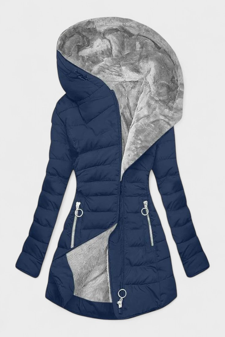 Longline Insulated Puffer Coat with Plush Hood and Zip Front