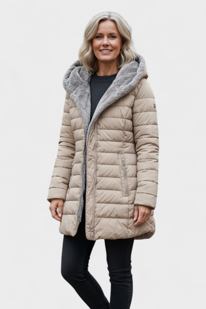 Longline Insulated Puffer Coat with Plush Hood and Zip Front