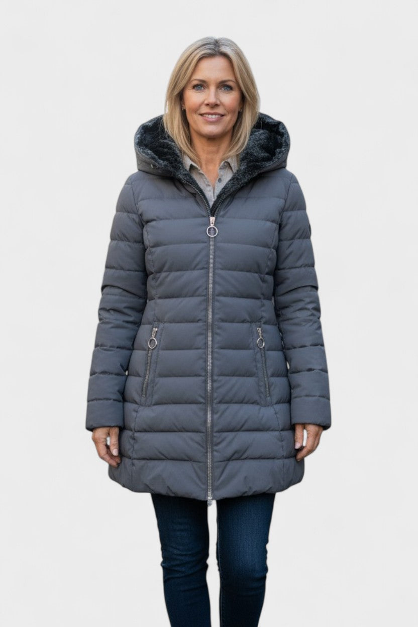 Longline Insulated Puffer Coat with Plush Hood and Zip Front