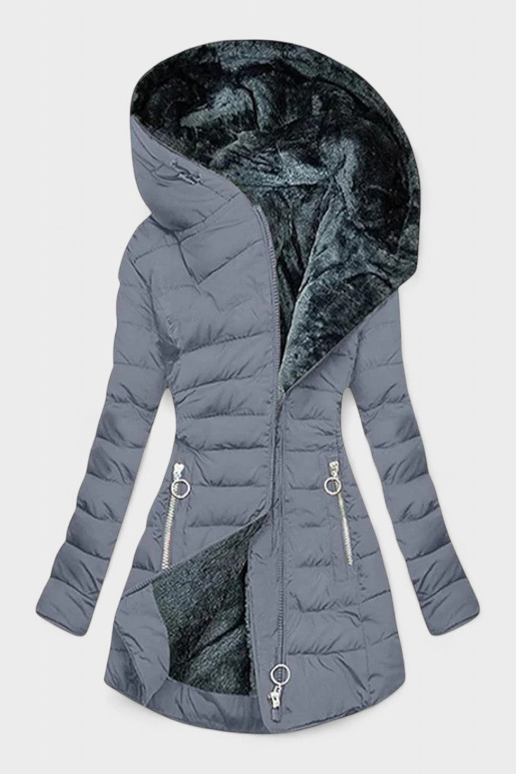 Longline Insulated Puffer Coat with Plush Hood and Zip Front