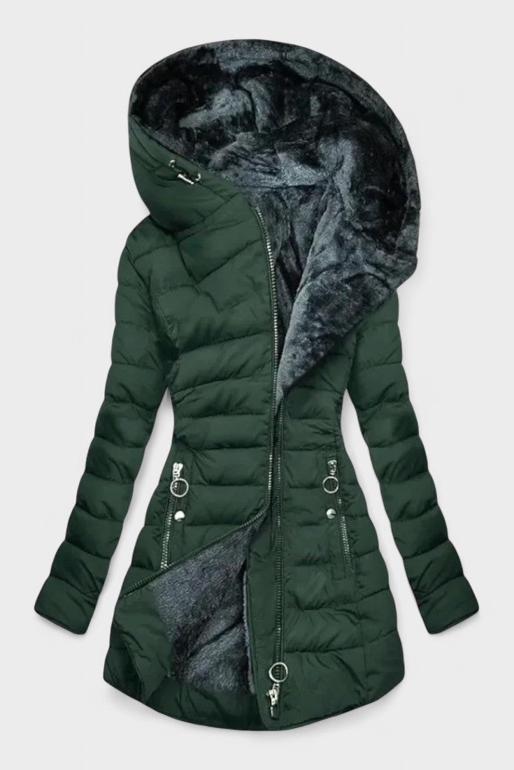 Longline Insulated Puffer Coat with Plush Hood and Zip Front