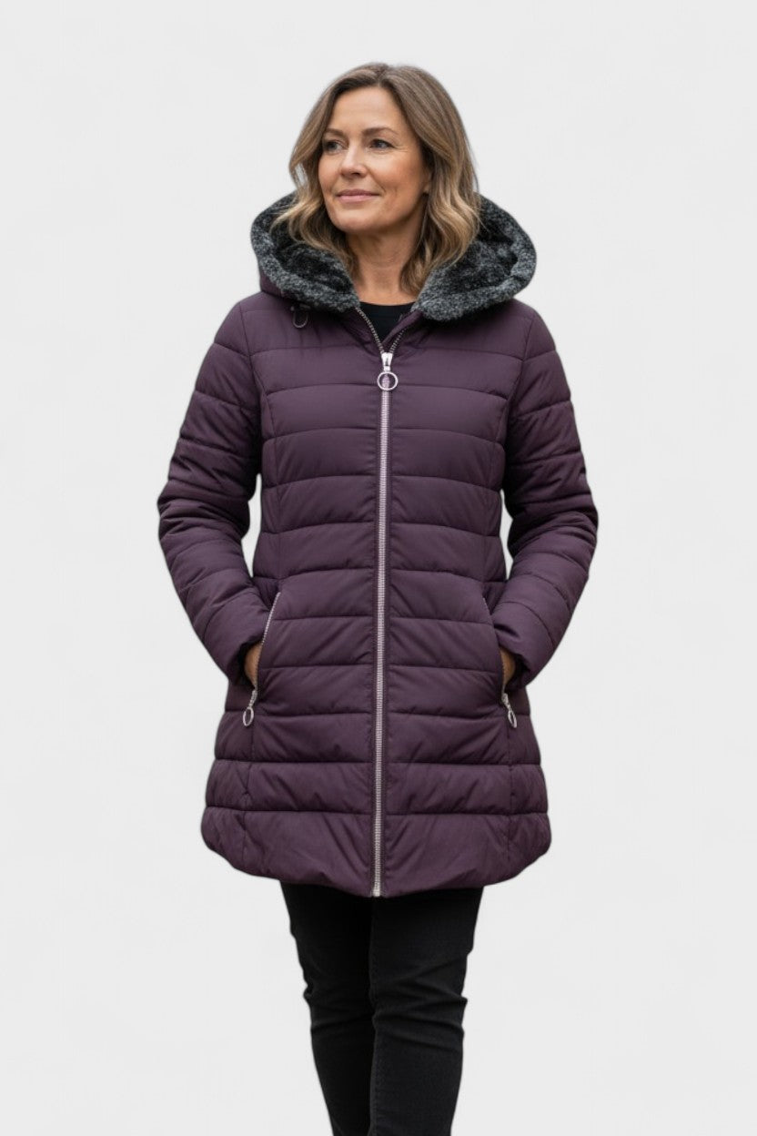 Longline Insulated Puffer Coat with Plush Hood and Zip Front