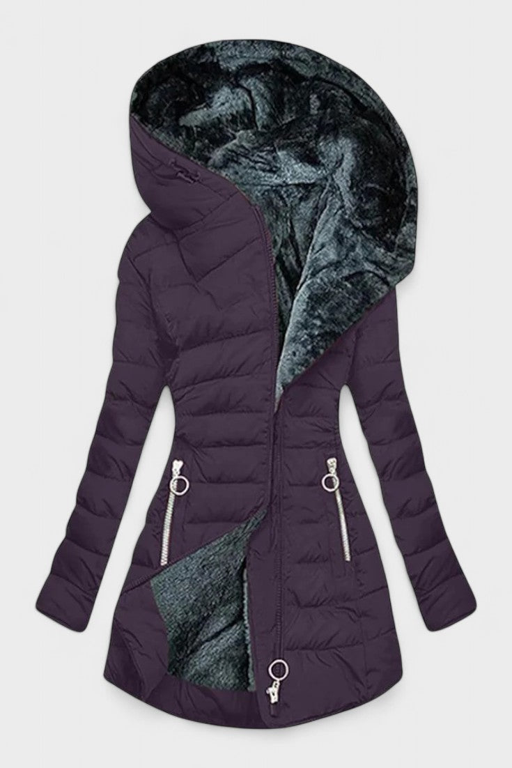 Longline Insulated Puffer Coat with Plush Hood and Zip Front