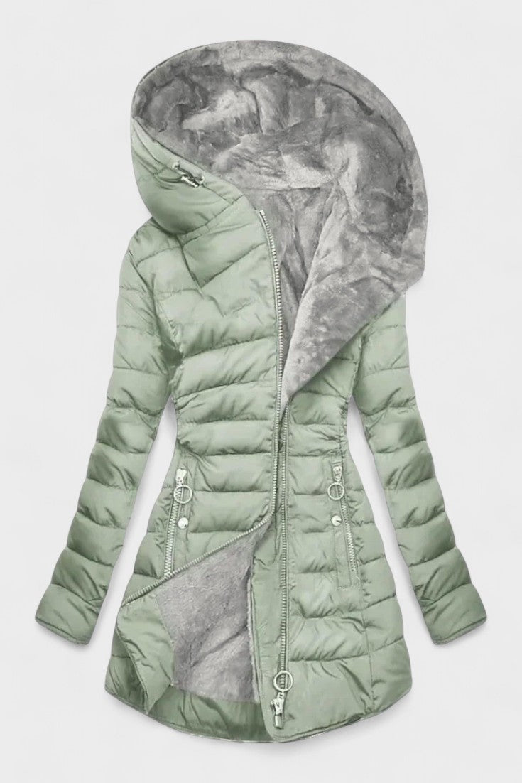Longline Insulated Puffer Coat with Plush Hood and Zip Front