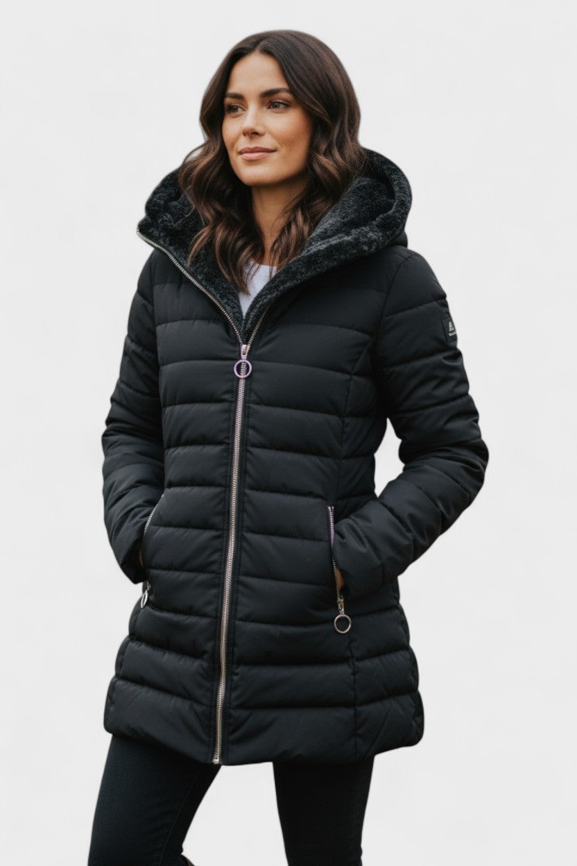 Longline Insulated Puffer Coat with Plush Hood and Zip Front