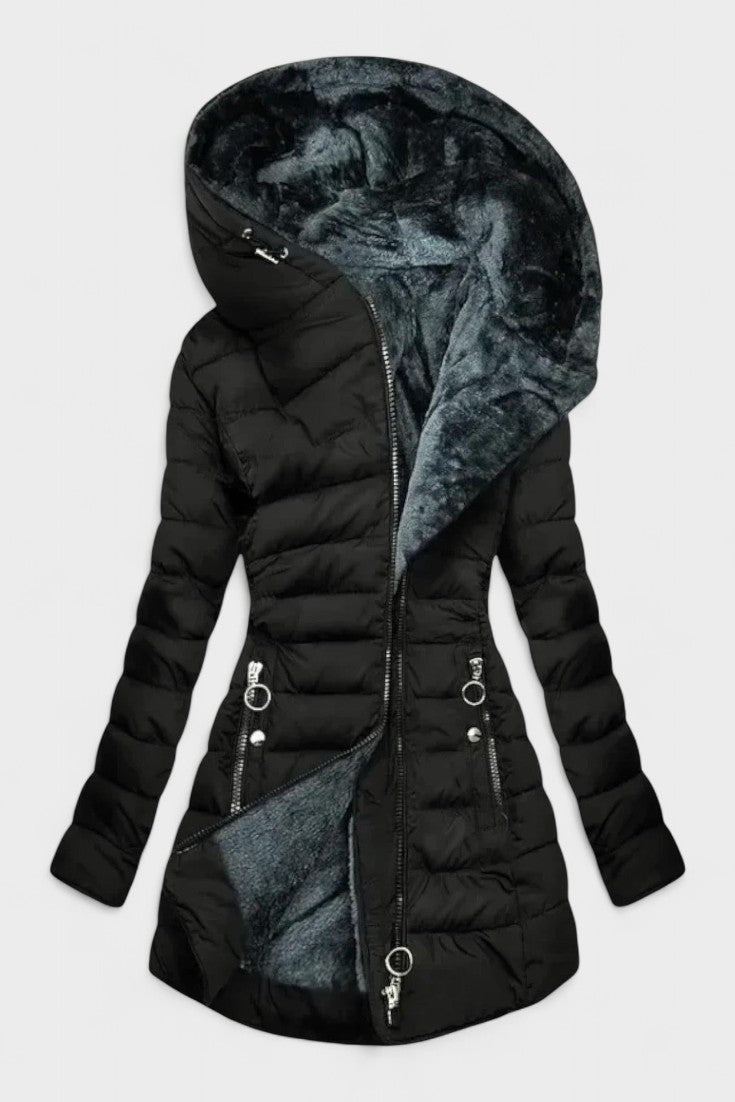 Longline Insulated Puffer Coat with Plush Hood and Zip Front