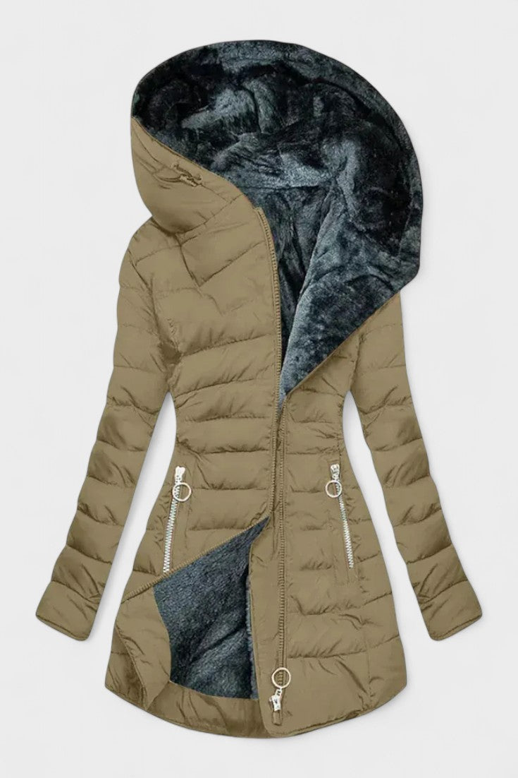 Longline Insulated Puffer Coat with Plush Hood and Zip Front