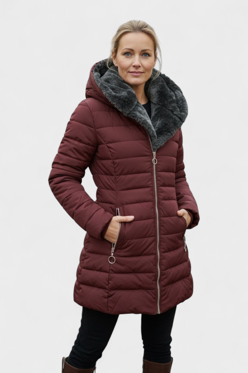 Longline Insulated Puffer Coat with Plush Hood and Zip Front