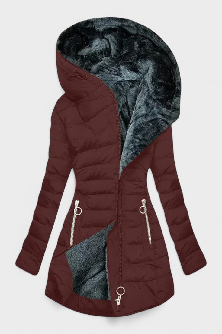 Longline Insulated Puffer Coat with Plush Hood and Zip Front