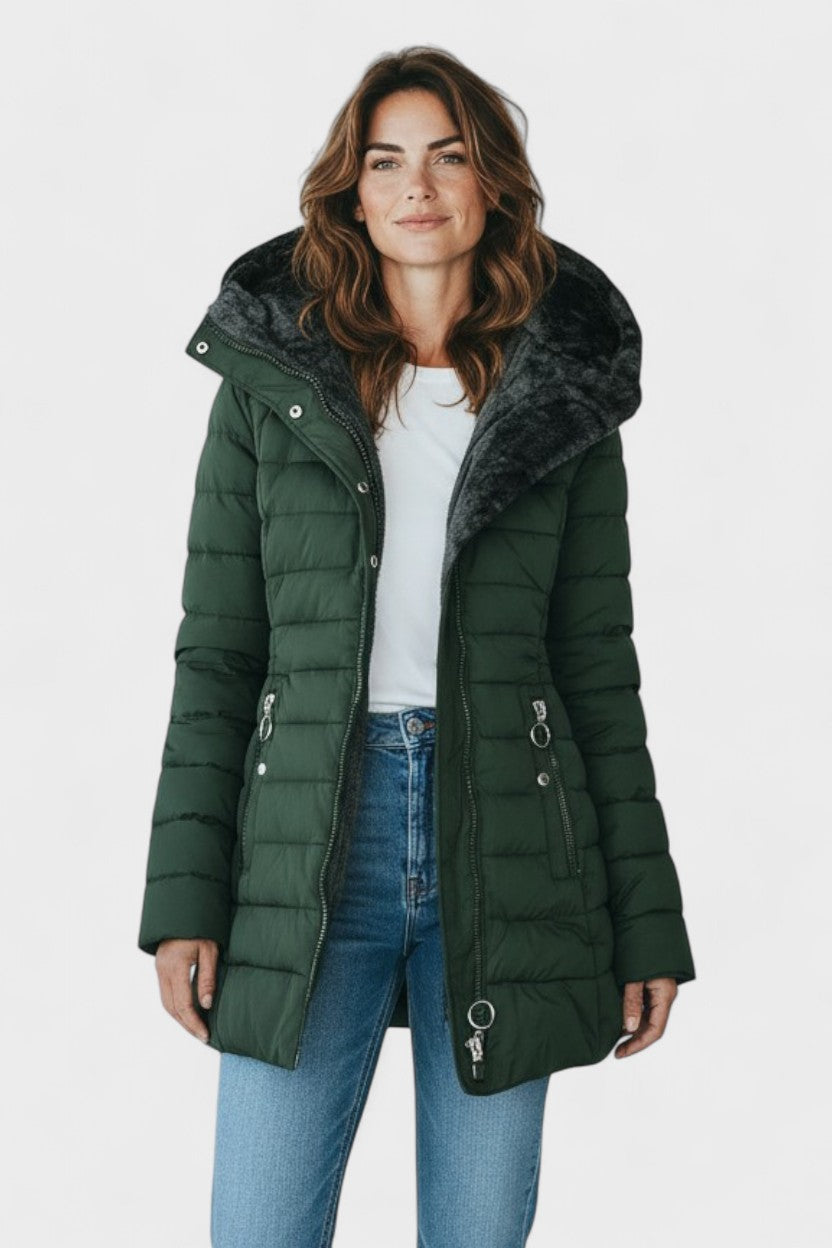 Longline Insulated Puffer Coat with Plush Hood and Zip Front