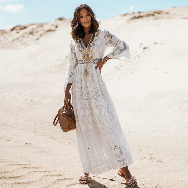 Boho Embroidered Maxi Kaftan Dress with Flowy Sleeves