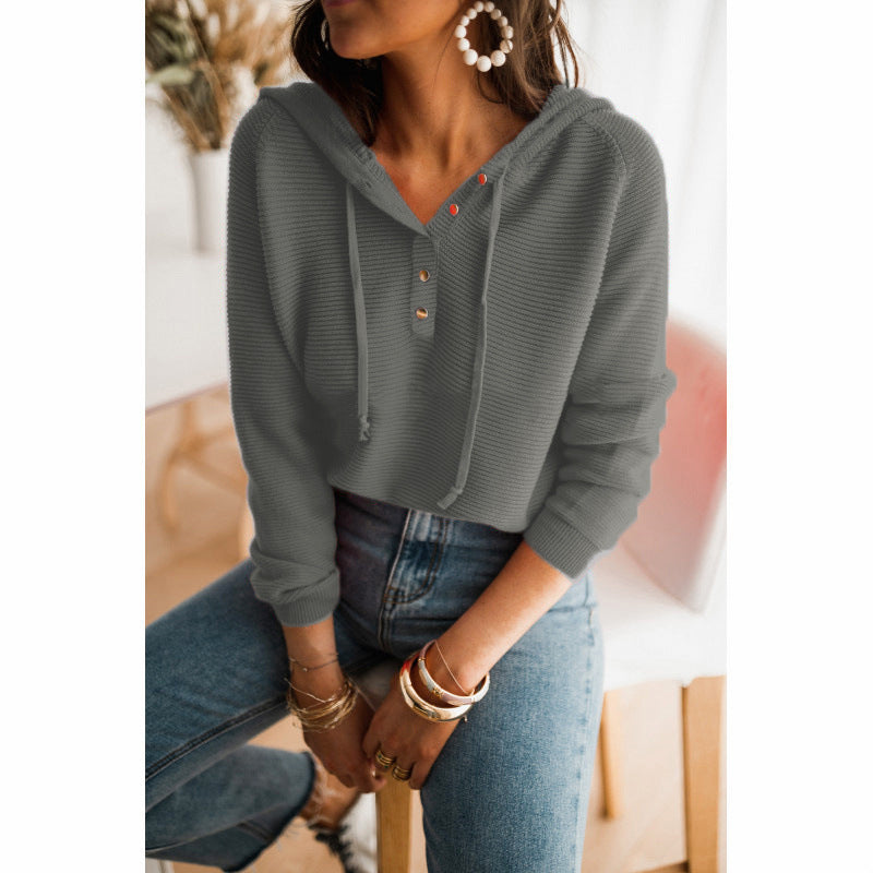 Casual Button-Front V-Neck Long Sleeve Top