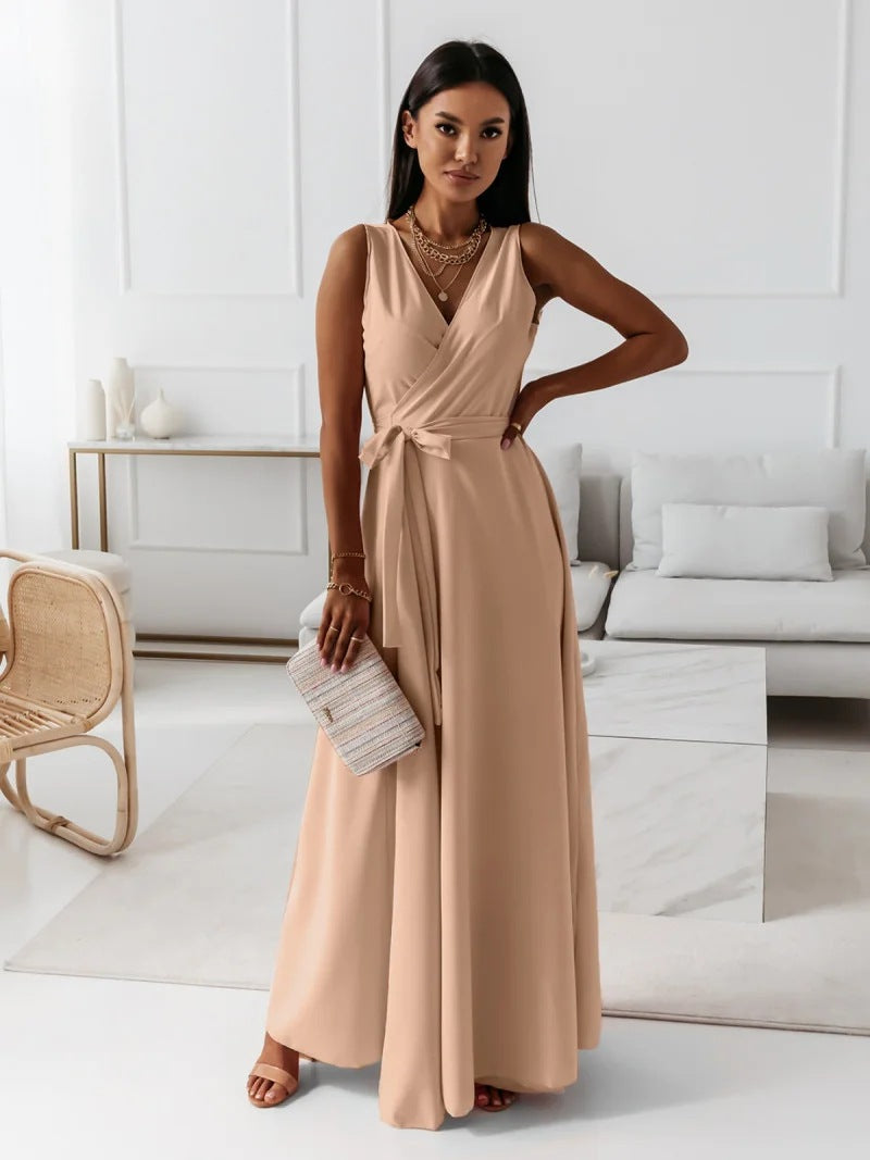 Sleeveless Draped V-Neck Maxi Dress with Flowing Skirt