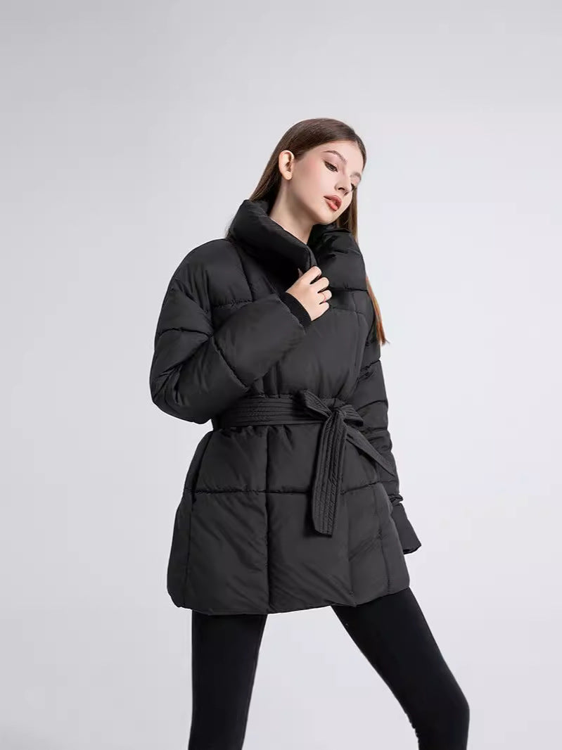 Belted High-Neck Puffer Winter Jacket