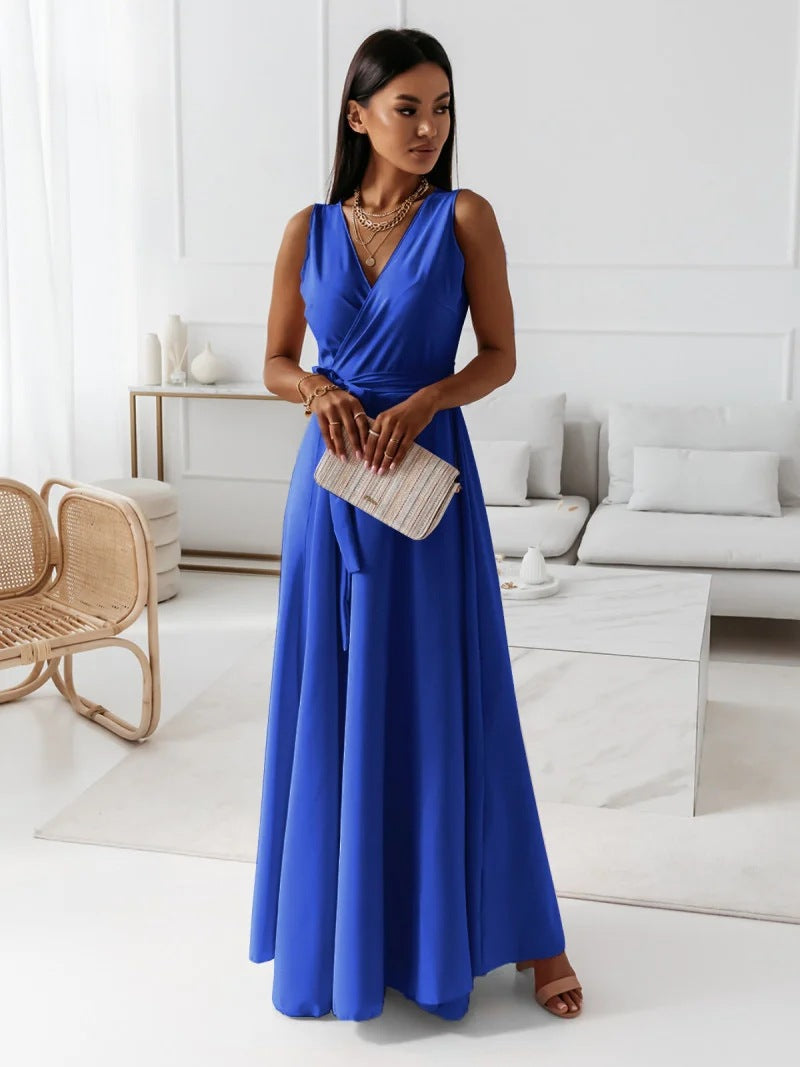 Sleeveless Draped V-Neck Maxi Dress with Flowing Skirt