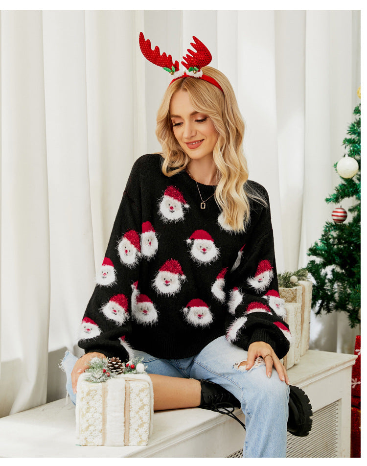 Festive Santa Print Knit Sweater for Cozy Holiday Style
