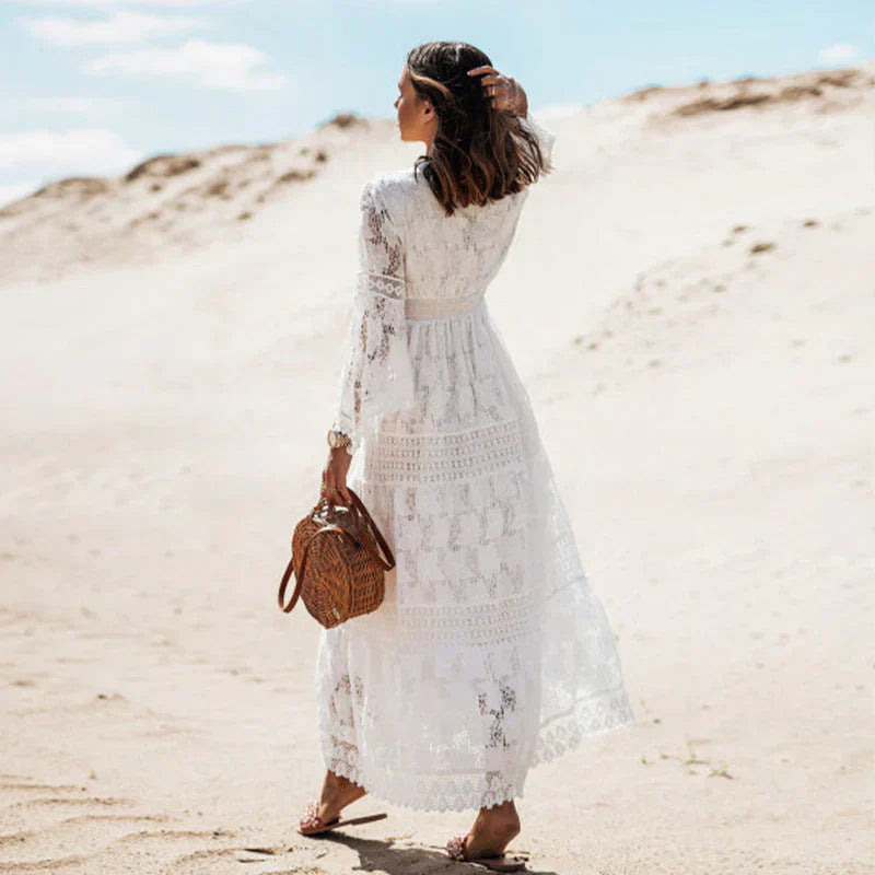 Boho Embroidered Maxi Kaftan Dress with Flowy Sleeves