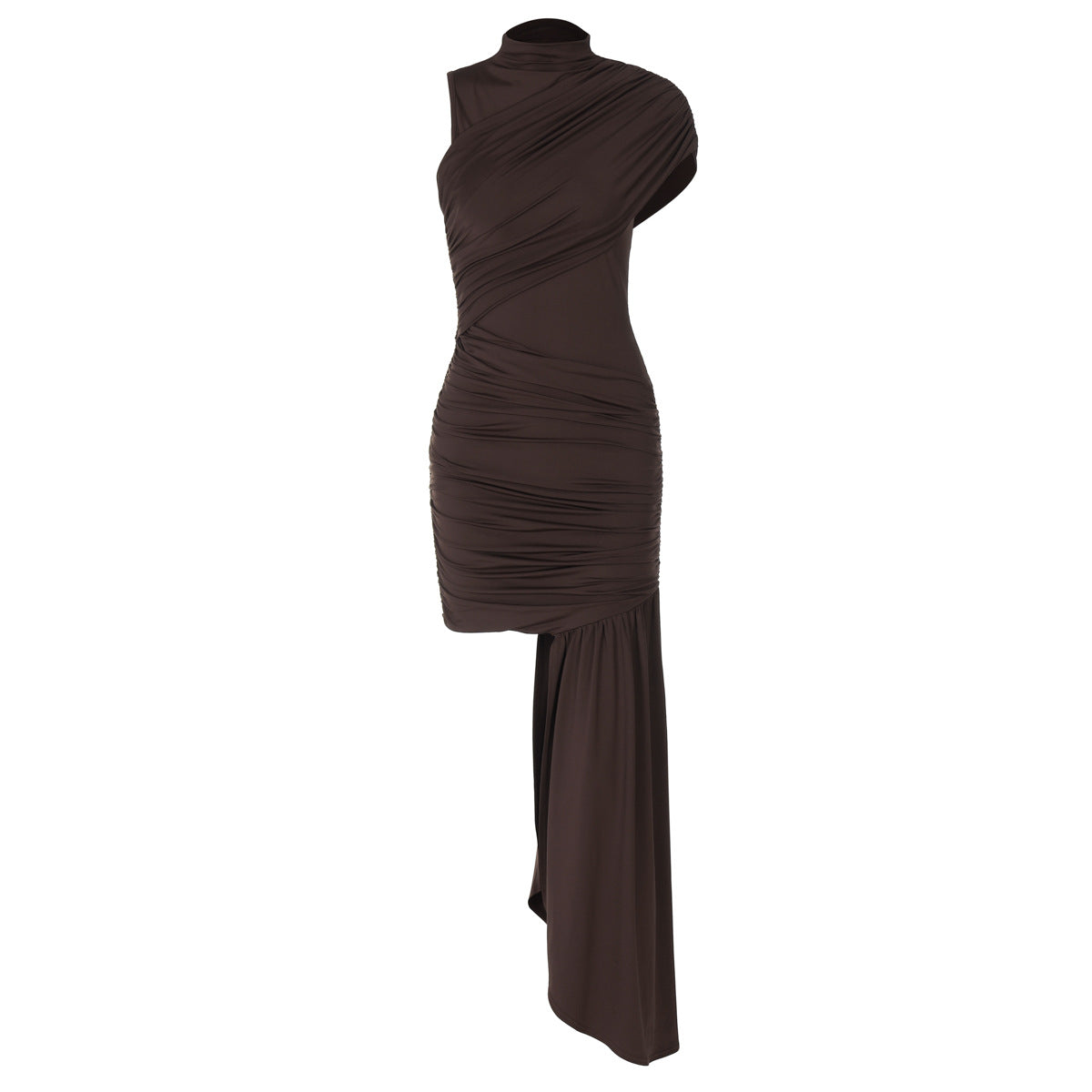 Asymmetrical Ruched High Slit Midi Dress for Elegant Evenings