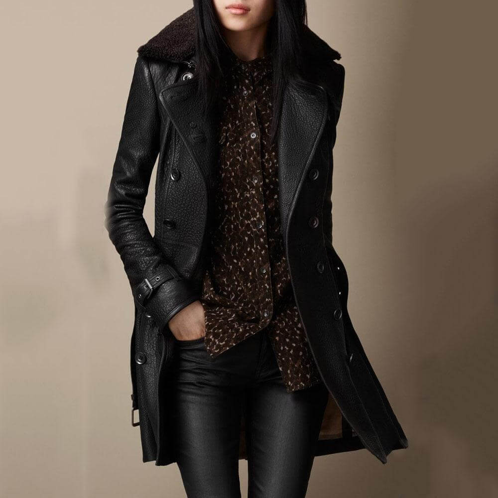 Long Faux Leather Coat with Fur Collar