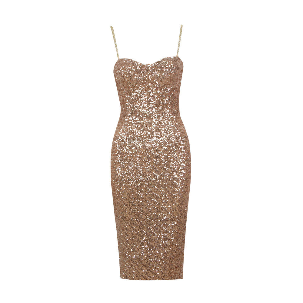 Sequin Bodycon Midi Dress with Spaghetti Straps for Glamorous Style