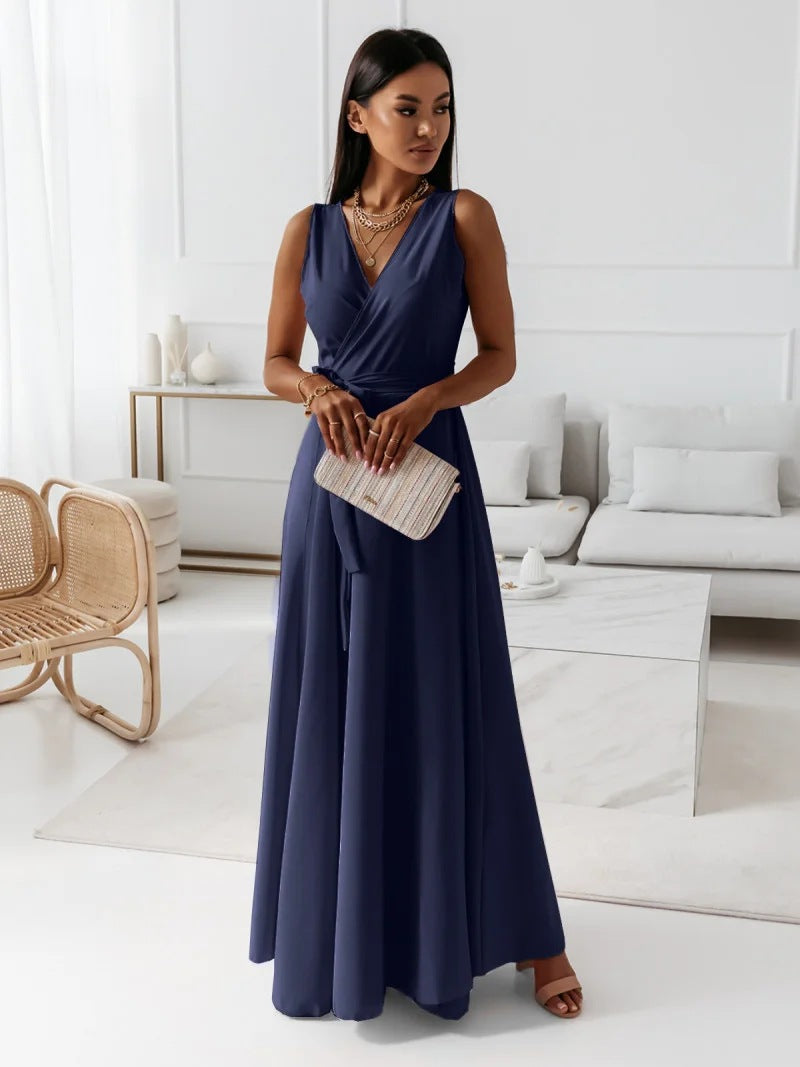 Sleeveless Draped V-Neck Maxi Dress with Flowing Skirt