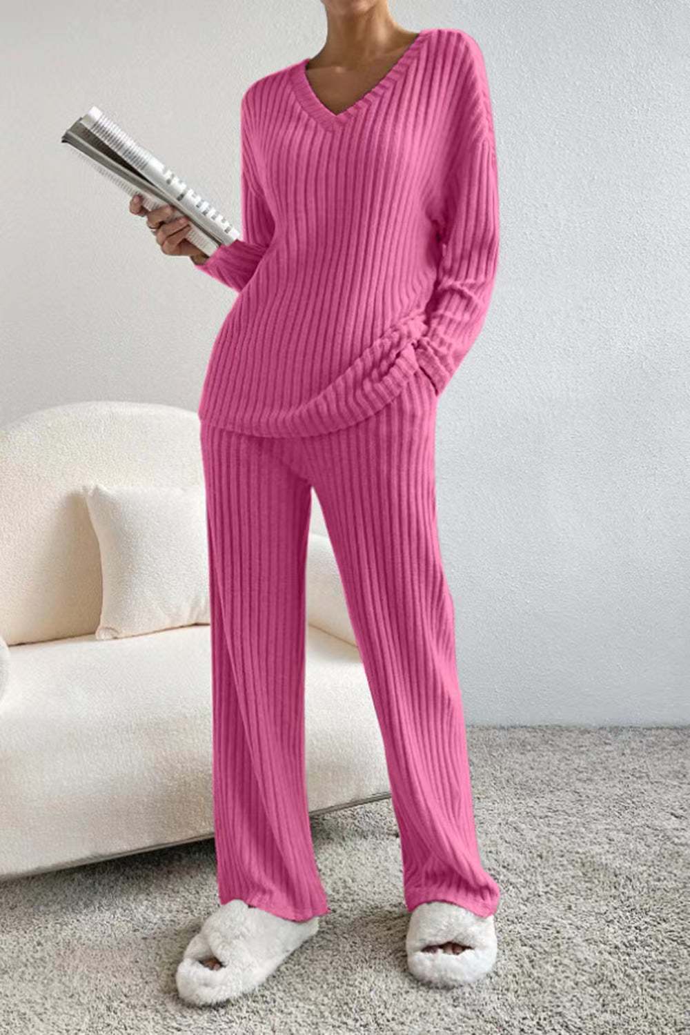 Ribbed Knit Long Sleeve Lounge Set