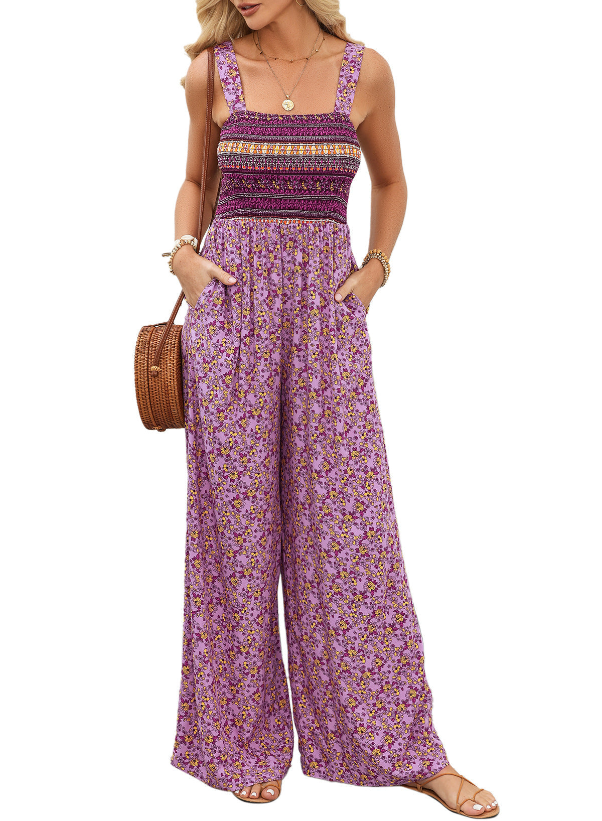 Floral Wide-Leg Sleeveless Smocked Women’s Jumpsuit