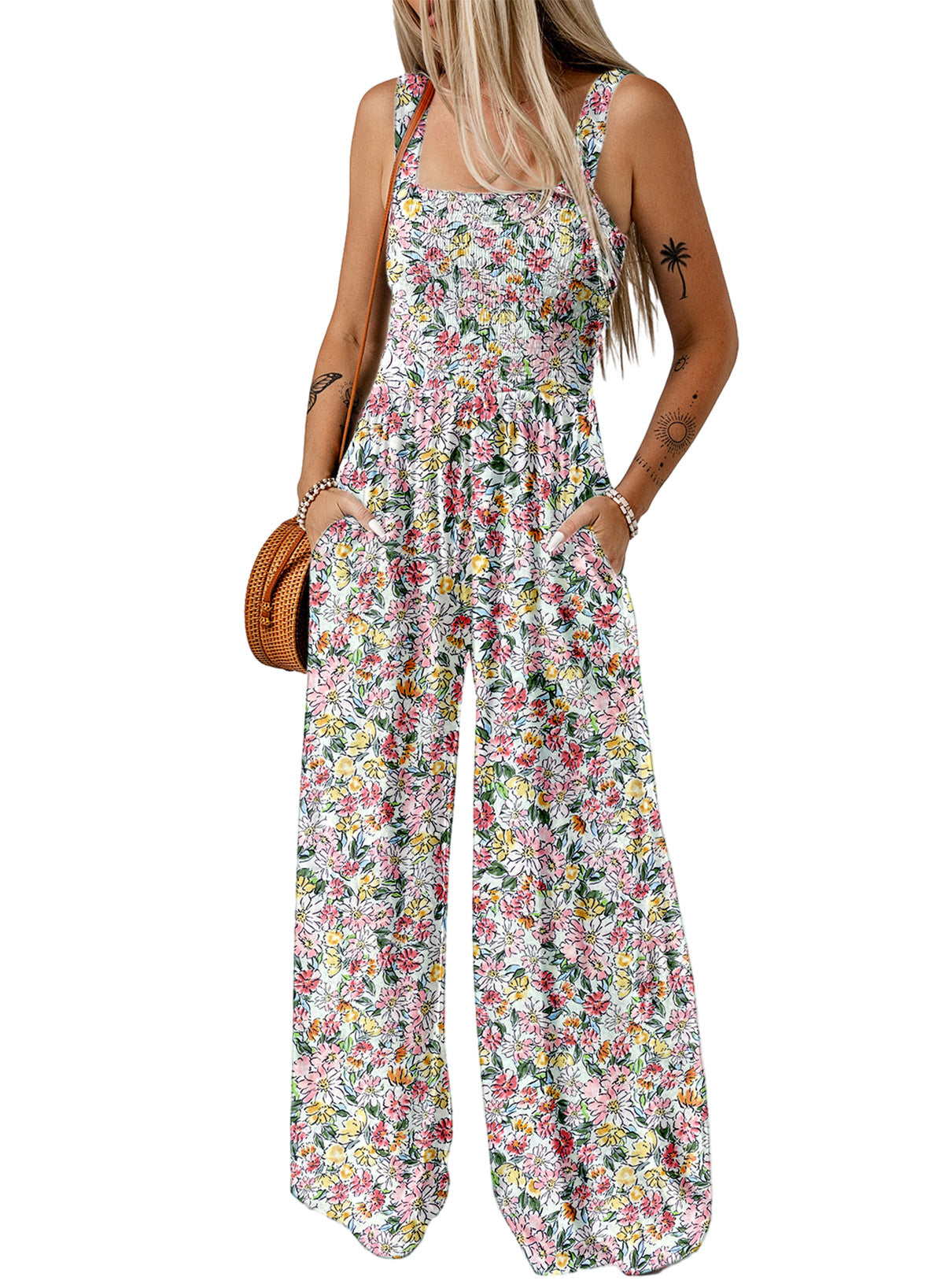 Floral Wide-Leg Sleeveless Smocked Women’s Jumpsuit