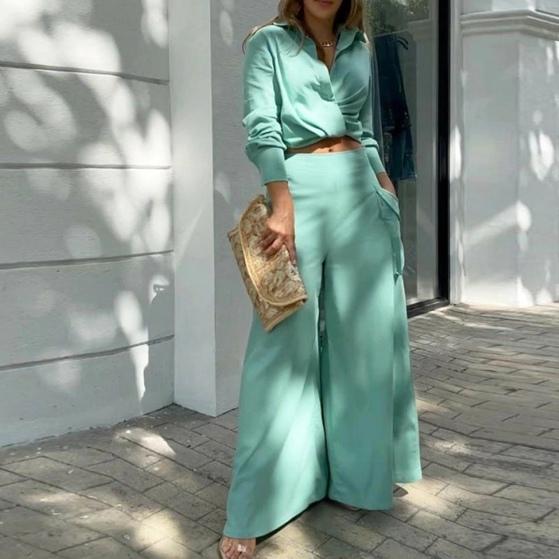 Elegant Draped Wrap Top and Wide-Leg Pants Two-Piece Set